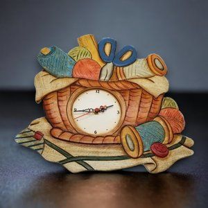 Wall Clock Wooden Sewing Basket Battery Operated Yarn Scissors
